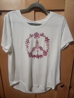 Style & Co. White Short-Sleeve Tee with Pink and Gold Floral Peace Graphic